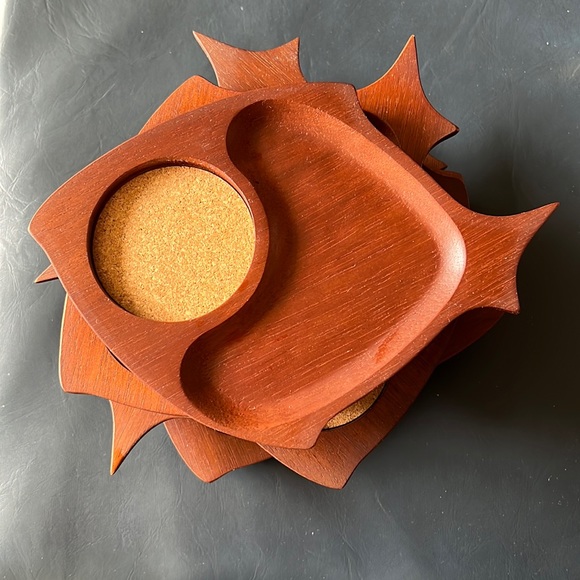 8 Vintage MCM cork & teak individual drink & snack trays. Made in Japan. - Picture 2 of 9